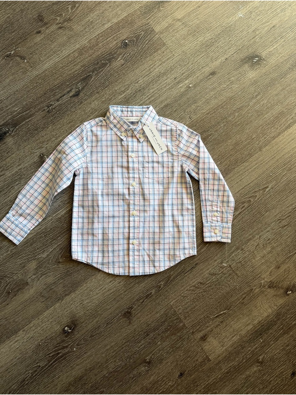 Janie and Jack Plaid Button-Down Shirt in White, Blue & Pink